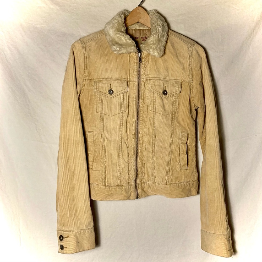 Hollister Size S Corduroy Bomber Jacket w/ Faux Fur Neck and Zipper Front